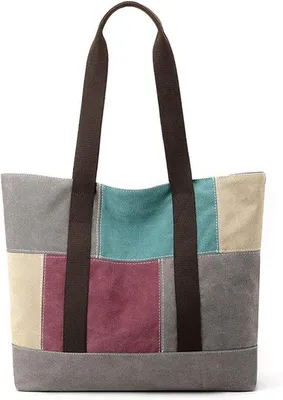 Produktbild von Canvas-Handtasche, große Kapazität, Patchwork-Design, multifunktional – ideal für Schule und Arbeit