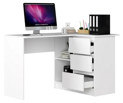 Produktbild von Eckschreibtisch links mit 3 Schubladen und 2 Regalen, ideal für Jugendzimmer und Büros, 124x77x85 cm, Weiß