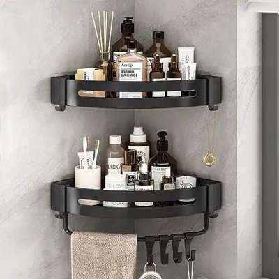Produktbild von PromoHome® Eckiges Duschregal-Set – Selbstklebendes Badezimmerregal für Eckenmontage, 21 x 29 x 4 cm, Schwarz