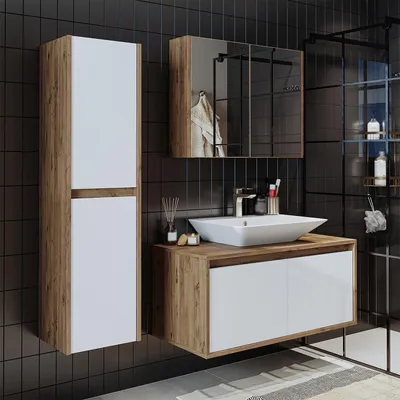 Produktbild von Roomart ATLANTIC-100 Badmöbel-Set 4-teilig 100 cm breit, Weiß-Eiche