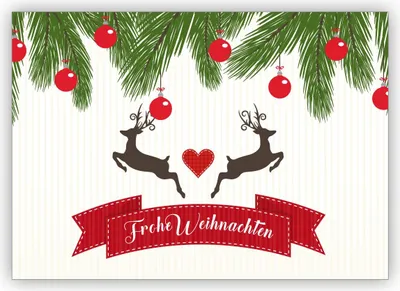 Produktbild von Klassische Weihnachtkarte mit Herz, Weihnachtskugeln und Hirschen: Frohe Weihnachten