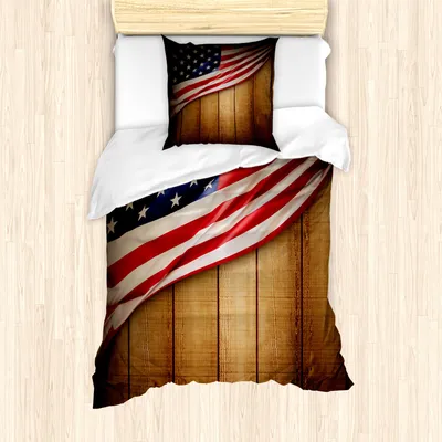 Produktbild von ABAKUHAUS Amerikanische Flagge Mantele, Retro Holzland, Milbensicher Allergiker geeignet mit Kissenbezügen, 135 cm x 200 cm - 80 x 80 cm, Blau Rot