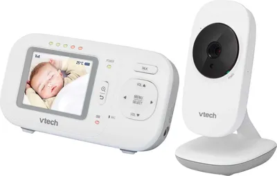 A Vtech video baby monitor set, consisting of a parent unit with a screen displaying a sleeping baby and a camera unit, is shown against a white background.