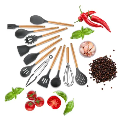 Produktbild von Elegantes 12-tlg. Küchenhelfer Set aus Silikon mit Holzgriff: Stilvolle Kochutensilien für jede Küche, Praktisch, hochwertig & ein echter Blickfang