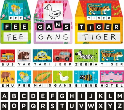 A collage of educational learning tiles for children, featuring letters, animals, and objects with their corresponding names.
