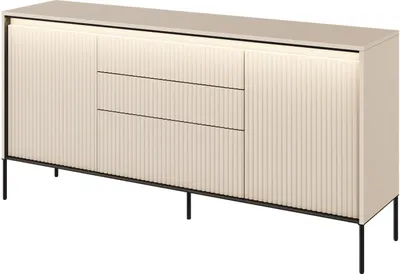 Produktbild von Kommode TREND TR-01 mit 3 Schubladen 2 Türen LED-Beleuchtung Sideboard 166 cm Mehrzweckschrank Anrichte Highboard Push-to-Open Modern Geriffelt (Beige)