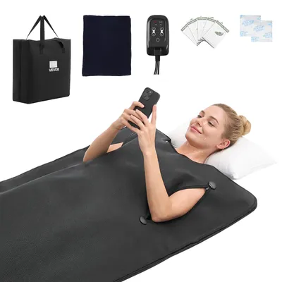 Image de VEVOR Couverture de sauna infrarouge avec trous pour les bras, couverture infrarouge 180x90 cm, noire, couverture chauffante portable pour la transpiration, la relaxation et la détoxification, avec réglage de la température, minuterie, doublure en tissu, en cuir PU, avec sac de transport