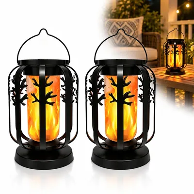 Produktbild von Solar Laterne außen 2er-Set, LED Solarleuchte mit Flammeneffekt, 4 Lichtmodi, Solar & USB-C, IP44, für Halloween, Garten, Terrasse & Veranda