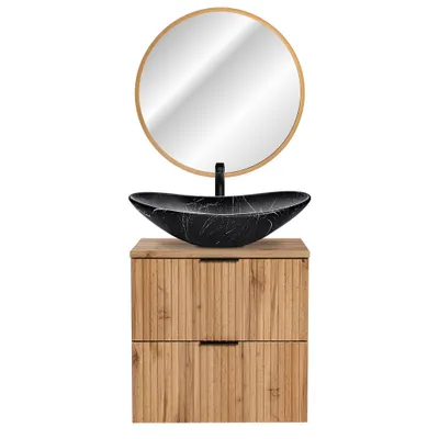 Produktbild von Badmöbelset Wotaneiche Rillenoptik Keramik Waschtisch, LED-Spiegel gold, B/H/T 61,5/200/46,5 cm