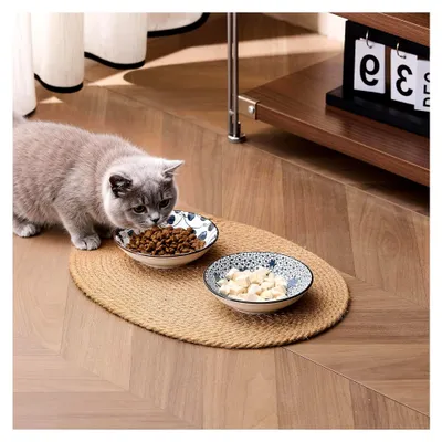 Produktbild von Keramischer Futternapf für Katzen und Hunde - Kleiner Napf für Innenkatzen im Vintage Blau-Weiß Design (14 cm), rutschfeste Schüssel - 2er Set