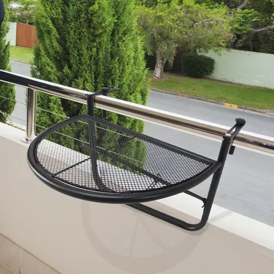 Produktbild von Balkonhängetisch halbrund, Hängetisch Gartentisch höhenverstellbar, Metallgitter Balkongeländer, Schwarz | 60x47x50 cm | bis 30 kg | 3-stufig