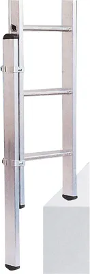 A close-up view of an aluminum ladder extension, showing its attachment mechanism and the ladder's rungs.