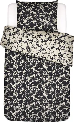 A top-down view of a bedding set laid out on a white surface.