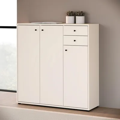 Produktbild von Forte TEMPRA 2 Kommode 100 110, moderne Kommode 3-türig, 2 Schubladen, Schlafzimmer, Wohnzimmer, Büro, Holzwerkstoff, Kaschmir|Beige, 108,8 cm breit x 111,1 cm hoch x 34,8 cm tief