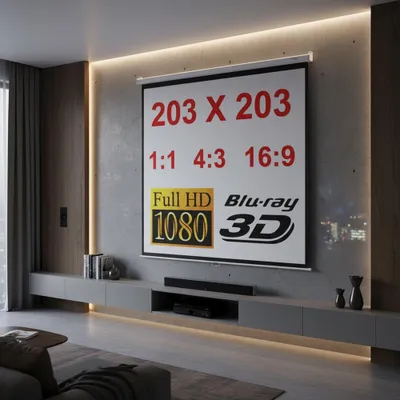 A projection screen displaying various aspect ratios and resolutions in a modern living room.