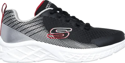 A side view of a black Skechers sneaker for children.