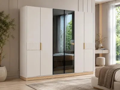 Image de Armoire de chambre à coucher beige clair Designel, portes miroir, armoires en bois