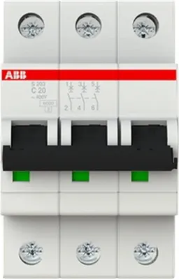 A front view of a three-pole circuit breaker.