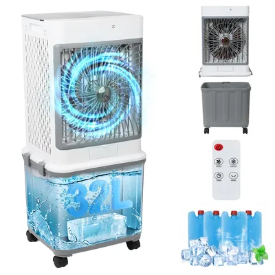 Immagine prodotto di Condizionatore portatile da 32 litri senza tubo di scarico, 70 W, con 4 vaschette per il ghiaccio, autonomia di 30 ore, ventilatore silenzioso da 30 dB, raffreddamento ad acqua, per appartamenti e stanze, 85 cm