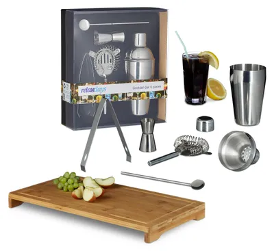 Productafbeelding van Set van 6 onderdelen voor de bar, groot cocktailset van roestvrij staal, inclusief shaker, maatbeker, lepel, barsieve en tang, en een snijplank van bamboe