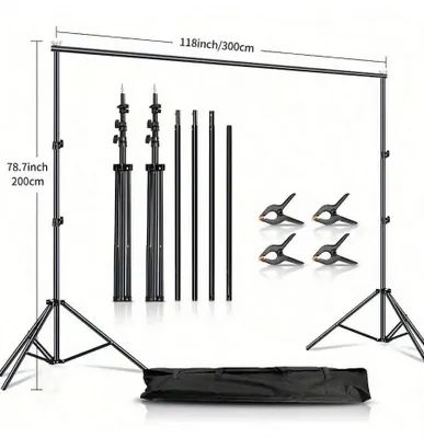 Image de Kit de trépied pour fond - Trépied pour fond photo - Dimensions : 3 m x 2 m - Largeur et hauteur réglables - En fer - Peinture par pulvérisation - Noir