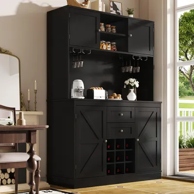 Produktbild von Küchenschrank mit verstellbaren Ablagen & Weinregal, Hochschrank Küchenbuffet mit 4 Türen & 2 Schubladen, Sideboard für Küche & Wohnzimmer, Buffetschrank, Schwarz
