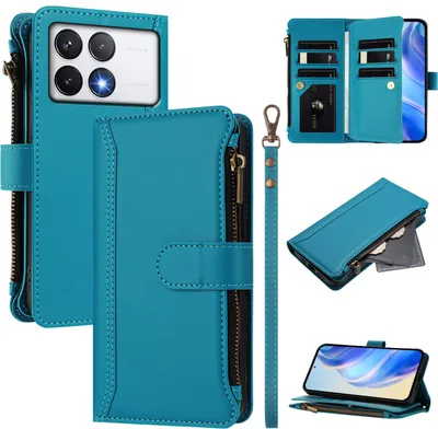 Produktbild von Handyhülle für Xiaomi Redmi K70/K70 Pro/Poco F6 Pro Reißverschluss Geldbörse Kunstleder Klapphülle mit Kartensteckplatz, Ständer, Handschlaufe Blau