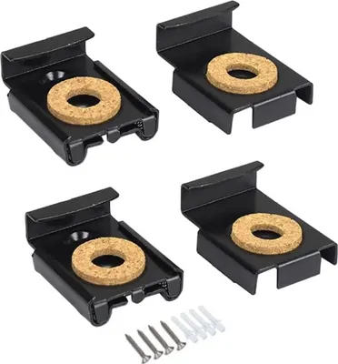 Four black mirror mounting clips with cork washers, along with screws and wall plugs, are arranged on a white background.