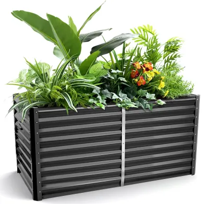 Image de Jardinière surélevée pour le jardin - Jardinière d'extérieur en métal - Fond ouvert pour le drainage - Pour fleurs, plantes et légumes - Noir