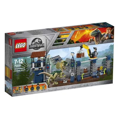 The image shows the front of a LEGO Jurassic World Dilophosaurus Outpost Attack set box.