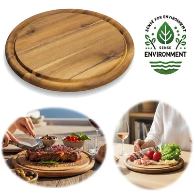 Produktbild von LS-LebenStil Fleischteller 25cm Rund Akazie Holz  Brotzeitbrett Schneidebrett Servierteller Pizzateller Vesperbrett Käsebrett Steakbrett