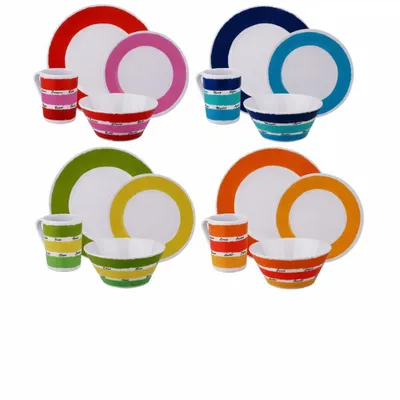 Produktbild von Melamin Campinggeschirr Set [Multi Colours] für 4 Personen – 16-teilig – bruchsicher, BPA-frei – ideal für Camping, Outdoor & Wohnmobil