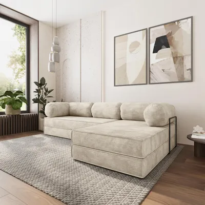 Produktbild von Masseno Ecksofa ETERA mit Metallgestell, Modulares Schlafsofa aus Schaumstoff, Klappbares Bodensofa, Schlaffunktion - Creme, POSO 100
