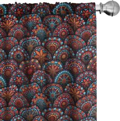 Obrázek produktu pro ABAKUHAUS Mandala závěsy, záclony, duchovní vzor s arabeskami, geometrickými květinovými motivy, 2 kusy 75 x 245 cm, šarlatově oranžová a modrá