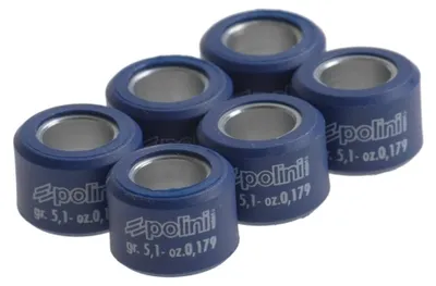 Immagine prodotto di Set di pesi per variatore Polini, composto da 6 rulli variatore di dimensioni 17 x 12 mm e peso 6,9 g, compatibile con motori Morini AC LC