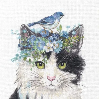 Immagine prodotto di Dimensioni kit per ricamo a punto croce "Gatto con  di fiori", schema contato, 27,9x27,9cm