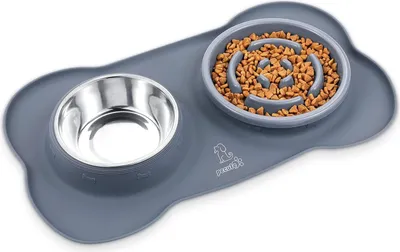Obrázek produktu pro Pecute Sada protiskluzových misek pro psy 3 v 1 - dvojitá miska z nerezové oceli - nepropustná silikonová podložka - šedá - kočky, štěňata, malí psi
