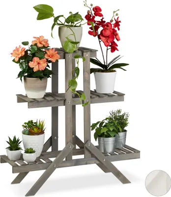 Image de Escalier à fleurs en bois Relaxdays, 3 marches avec 5 étagères, style shabby chic, d'intérieur, dimensions : 83 x 83 x 28 cm, étagère à fleurs, gris