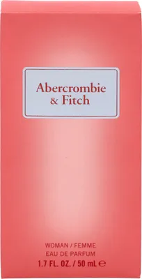 The image shows the front of a pink perfume box for Abercrombie & Fitch.
