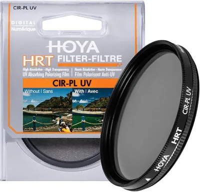 A HOYA HRT CIR-PL UV filter is shown in its packaging, with a close-up of the filter itself.