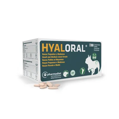 A product box for pet supplements, with loose tablets in front.