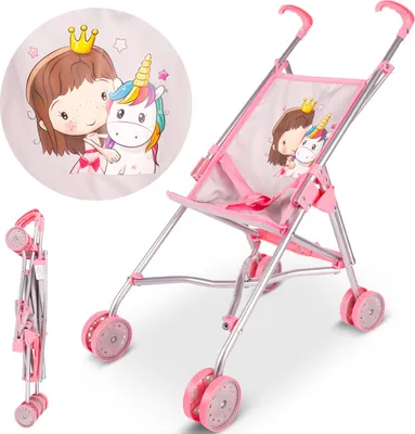 Produktbild von Malplay Puppenwagen Klappbarer leicht Rosa Kinderwagen Einhorn Prinzessin Motiv Geshcenk ab 3 Jahren