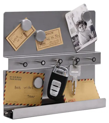 Produktbild von Wandmontierter Schlüssel- und Briefhalter mit magnetischer Memotafel – 5 Schlüsselhaken und 5 Magnete