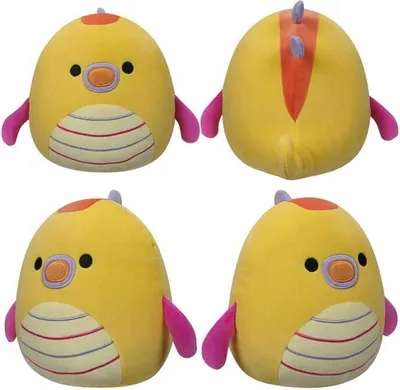 A collage of four images showing a yellow plush toy from different angles.