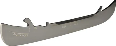 A single ice skate blade is shown against a white background.
