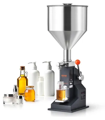 A manual liquid filling machine with a stainless steel hopper, a lever, and a small bottle being filled, surrounded by various cosmetic and food product bottles.