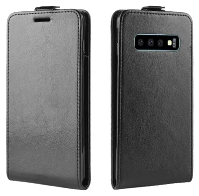 A black flip case for a Samsung Galaxy S10 Plus is shown from two angles.
