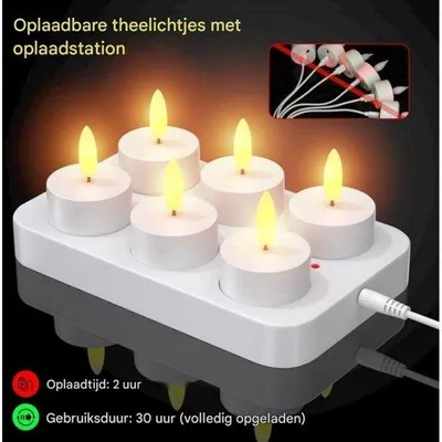 Obrázok produktu pre LED reťaze pre 6 osôb – s nabíjacou stanicou a diaľkovým ovládaním – energeticky úsporné LED reťaze – s časovačom a funkciou blikania – ideálne na oslavy, do obývačky a ako vianočná výzdoba – sada – nabíjateľné LED sviečky