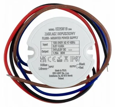 Immagine prodotto di Alimentatore LED 24V IP67 30W rotondo per scatola