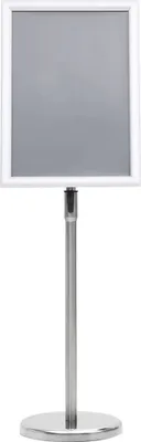 A silver A3 poster stand with a white frame on a white background.